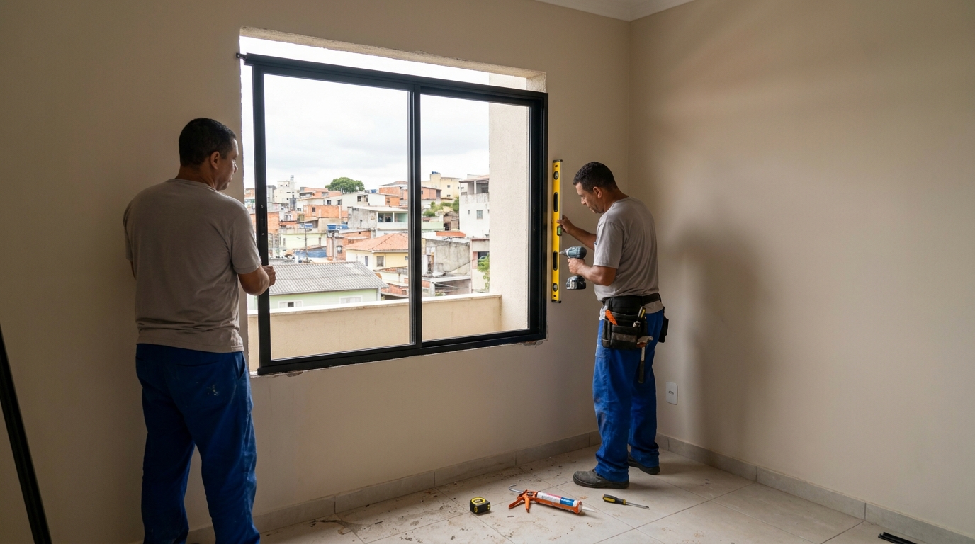 Esquadria de alumínio em quarto bege em Montes Claros-MG