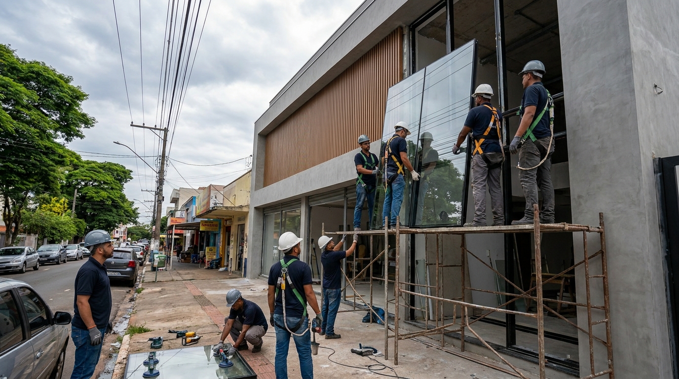 Fachada de vidro com andaime lateral em Montes Claros-MG