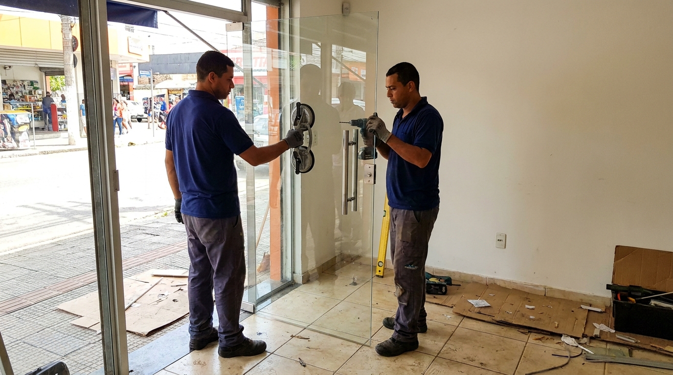 Porta de vidro de loja em rua movimentada em Montes Claros-MG